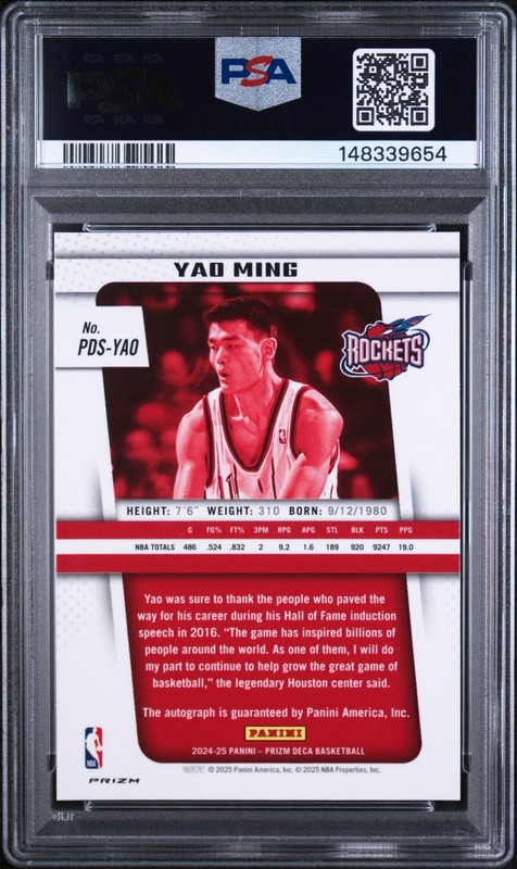 2024-25 Panini Prizm DECA Signatures YAO MING Silver Prizm Auto PSA 10 Rockets view 2
