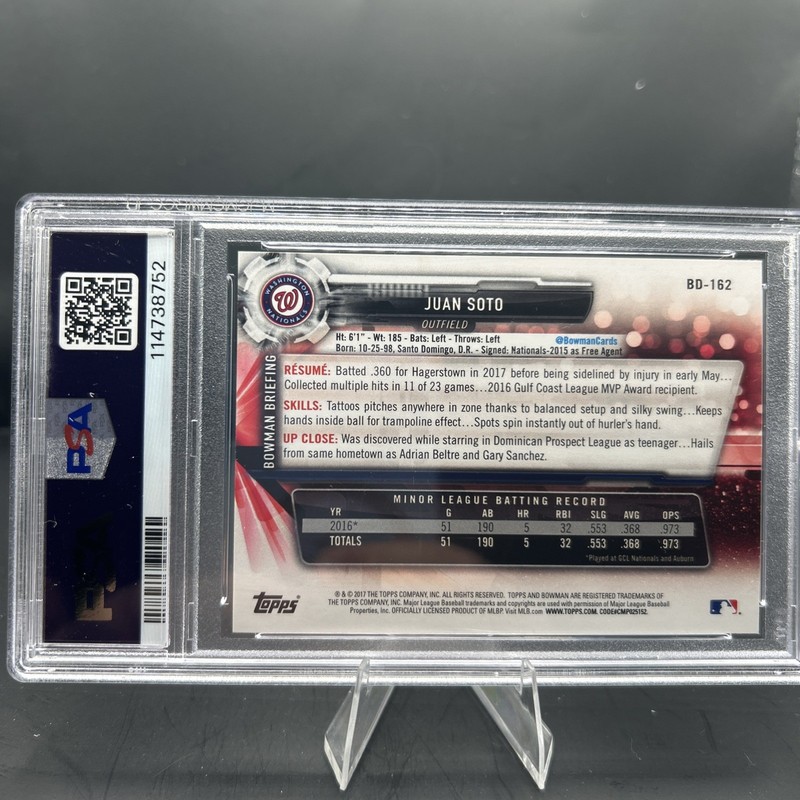 2017 Bowman Draft Chrome Juan Soto BDC162 **PSA 10 GEM MINT** NY Mets Nationals view 2