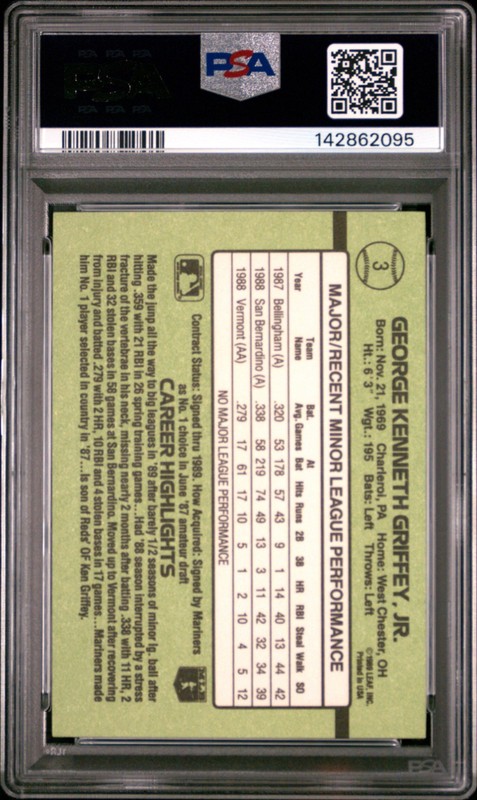 1989 Donruss The Rookies #3 KEN GRIFFEY JR. Seattle Mariners RC NM-MT PSA 8 view 2