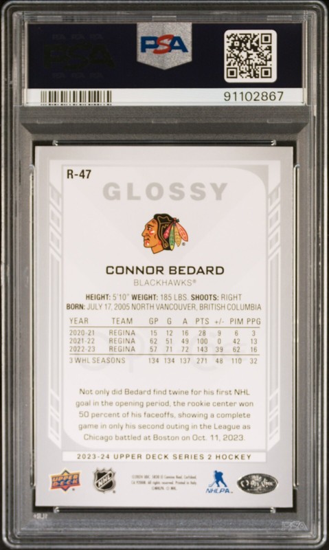 2023-24 Upper Deck Series 2 Connor Bedard OPC Glossy Rookie RC #R-47 PSA 8 view 2