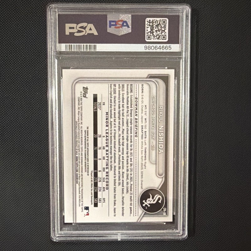 2024 Bowman Chrome 1st Speckle /299 Rikuu Nishida Auto PSA 10 GEM MT White Sox view 2