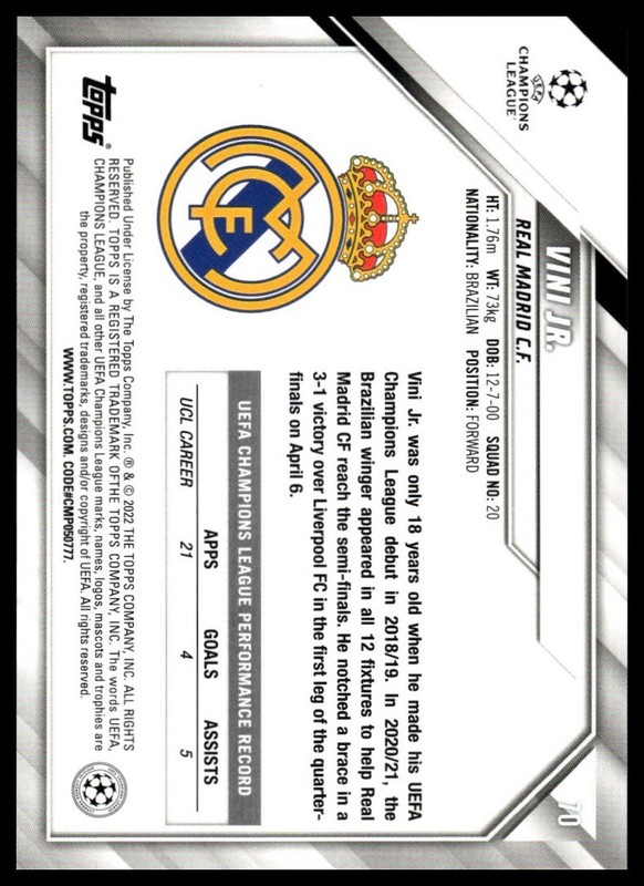 2021-22 Topps UEFA Champions League Vinicius Jr. #70 Sparkle Foil view 2