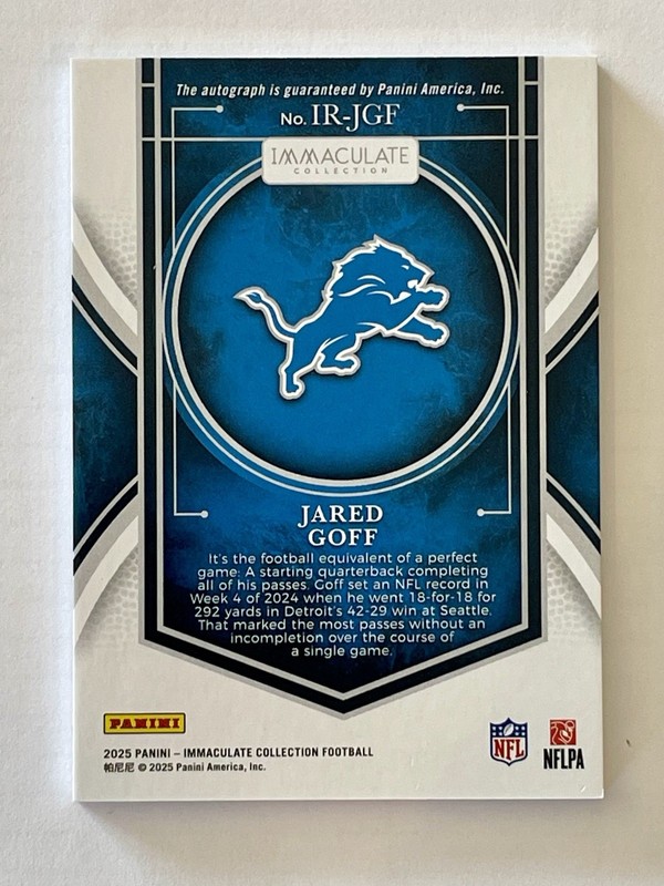 JARED GOFF 2025 IMMACULATE COLLECTION RECORDS AUTO /99 - Lions view 2