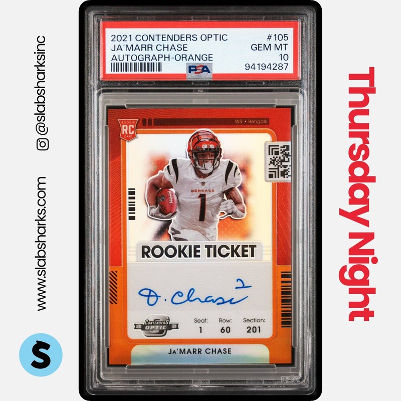 2021 PANINI CONTENDERS OPTIC JA'MARR CHASE ORANGE ROOKIE TICKET AUTO /30 PSA 10