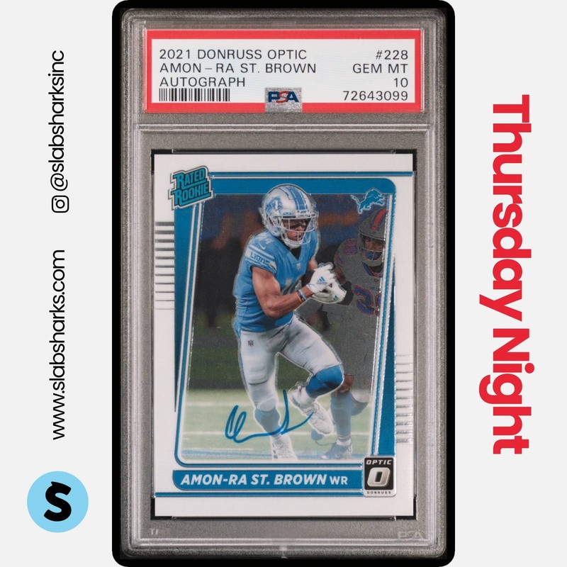 2021 PANINI DONRUSS OPTIC AMON-RA ST. BROWN RATED ROOKIE AUTO RC /150 PSA 10