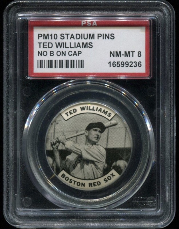 1940-59 PM10 Stadium Baseball Pin (1.25") ~Ted Williams / No B on Cap~ HoF PSA 8