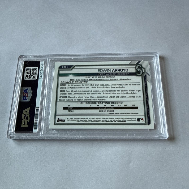 Edwin Arroyo 1st Bowman Chrome /250 Purple AUTO PSA Slabbed GEM MT 10 BLUE INK view 2