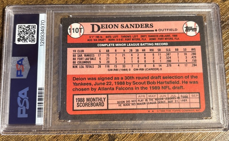 1989 Topps Traded Deion Sanders #110T RC PSA 10 ROOKIE view 2