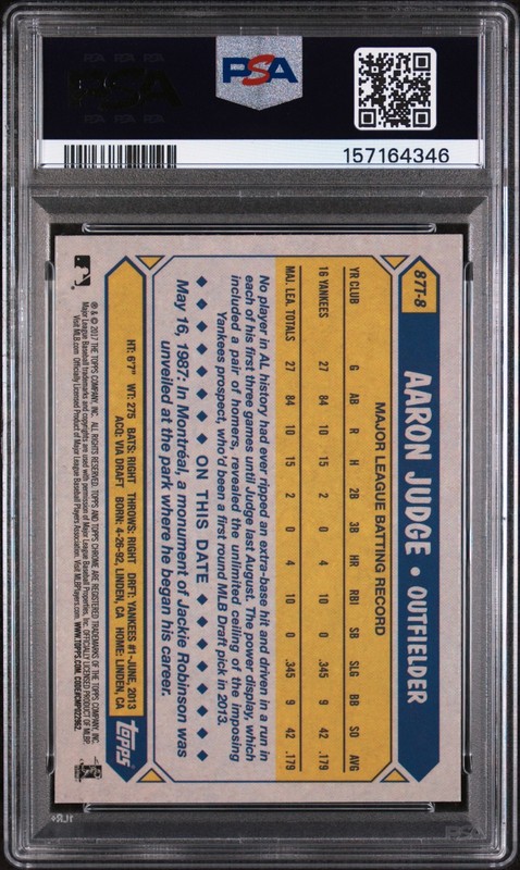 2017 TOPPS CHROME 1987 TOPPS #87T8 AARON JUDGE PSA 8 NM-MT view 2