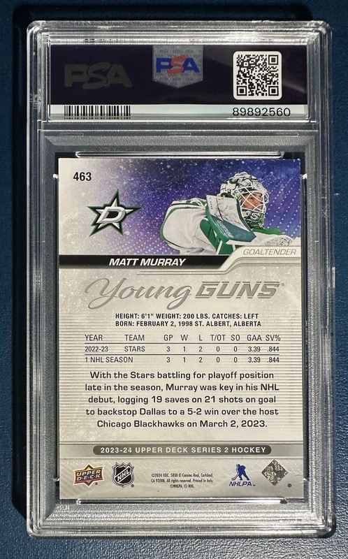 2023-24 Upper Deck Series 2 Matt Murray Young Guns Deluxe 001/250 RC #463 PSA 8 view 2