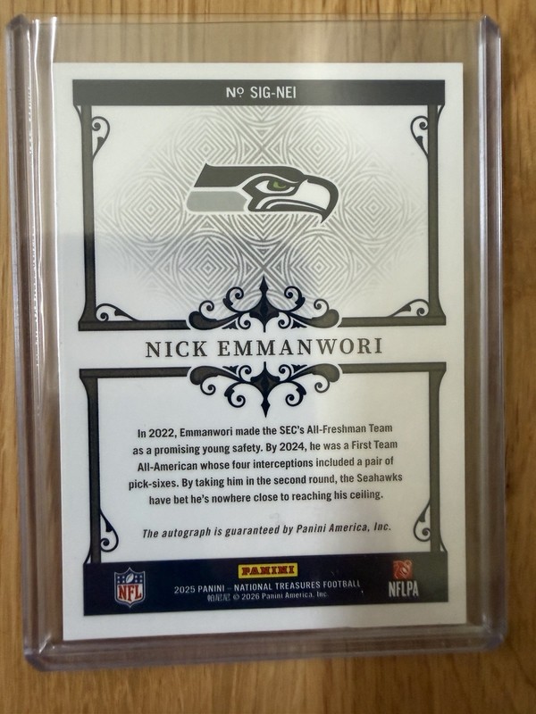 2025 Panini National Treasures Nick Emmanwori RC Signatures Auto /99 - Seahawks view 2