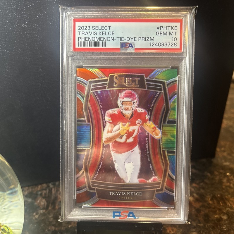 2023 Panini Select Phenomenon Travis Kelce #PH-TKE Tie-Dye Prizm /25 - PSA 10 view 2