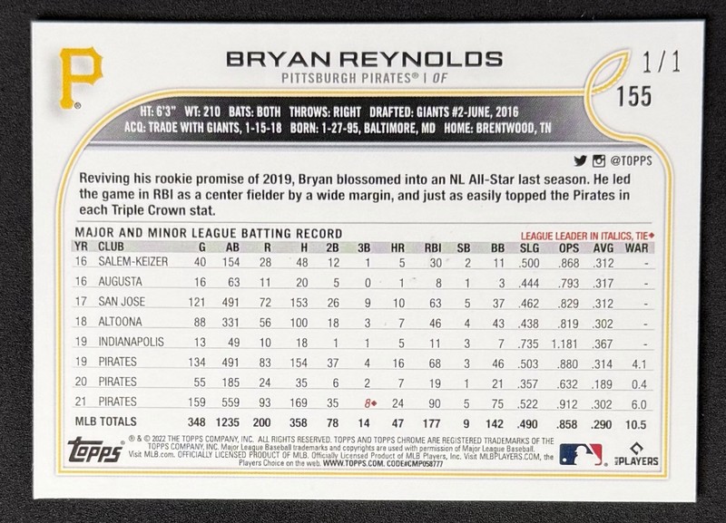 BRYAN REYNOLDS 2022 TOPPS CHROME 1/1 SUPERFRACTOR BEN BALLER PIRATES #155 view 2