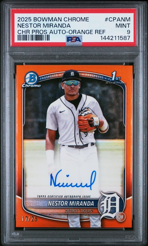 Nestor Miranda 2025 1st Bowman Chrome Orange Refractor Auto /25 PSA 9 Tigers🔥