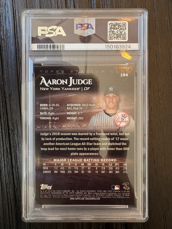 2019 Topps Stadium Club - Aaron Judge #194 Swinging Bat MVP PSA 8! Yankees! view 2