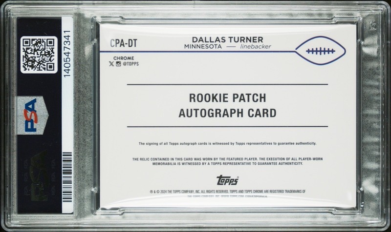 2024 Topps Chrome Dallas Turner Superfractor Rookie Patch Auto 1/1 PSA 9 Auto 10 view 2
