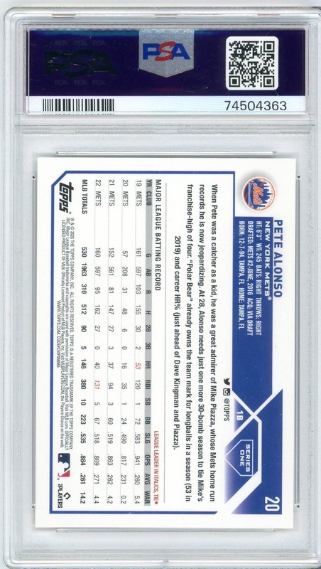 2023 Topps - #20 Pete Alonso PSA 10 Gem Mint - New York Mets view 2