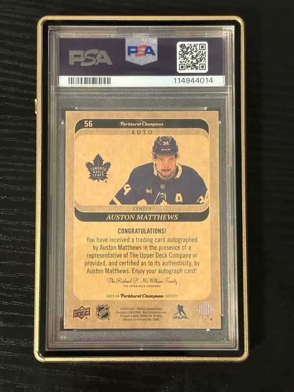 2023 Parkhurst Champs Auston Matthews Auto PSA 10 Toronto POP 1 Gold Case Guard view 2