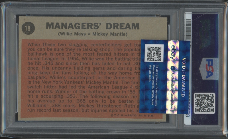 1962 Topps Managers Dream #18 Mickey Mantle Willie Mays EX MT PSA 6 view 2