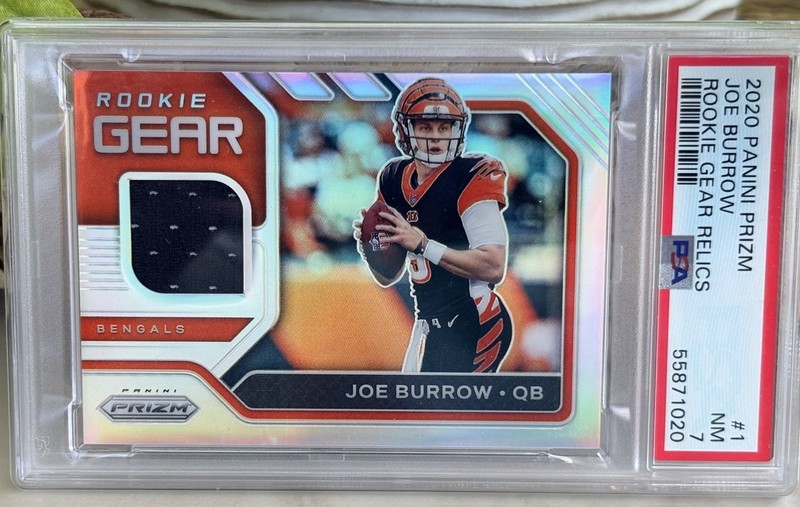 🔥JOE BURROW🔥 2020 Panini Prizm, Gear Relics Patch Silver RC PSA 7 NM!