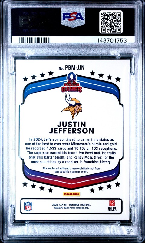 Justin Jefferson 2025 Donruss Pro Bowl Games Materials #PBM-JJN PSA 9 Vikings view 2