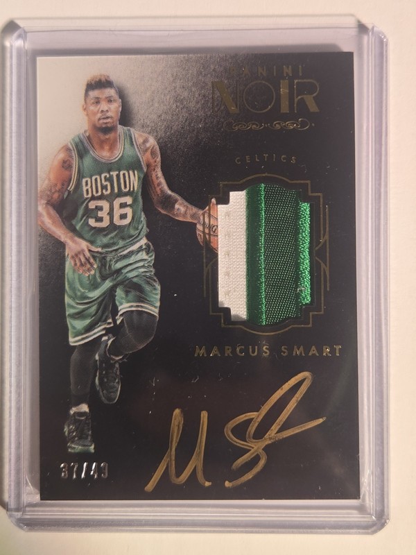 2015-16 Panini Noir Marcus Smart Rookie 3-Mat. Patch On-Card Gold Ink Auto /49