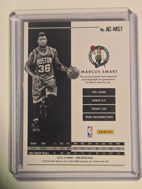 2015-16 Panini Noir Marcus Smart Rookie 3-Mat. Patch On-Card Gold Ink Auto /49 view 2