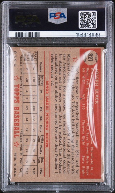 1952 Topps #321 Joe Black PSA 1 APPEARS NICER view 2