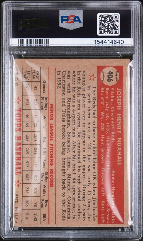 1952 Topps #406 Joe Nuxhall PSA 2.5 view 2