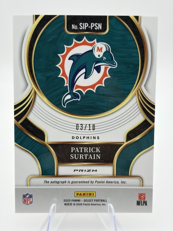 Patrick Surtain 2025 Panini Select Gold Prizm Auto /10 #SIP-PSN Miami Dolphins view 2