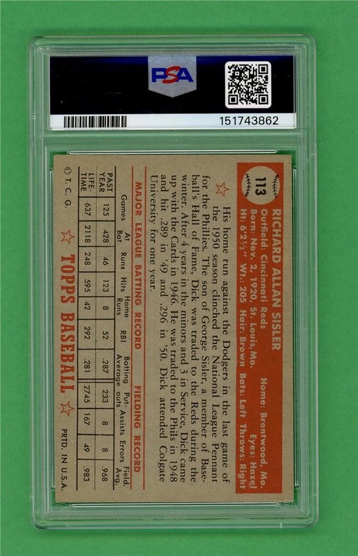 1952 Topps #113 Dick Sisler ** CENTERED ** PSA VG-EX 4 ** old Reds baseball card view 2