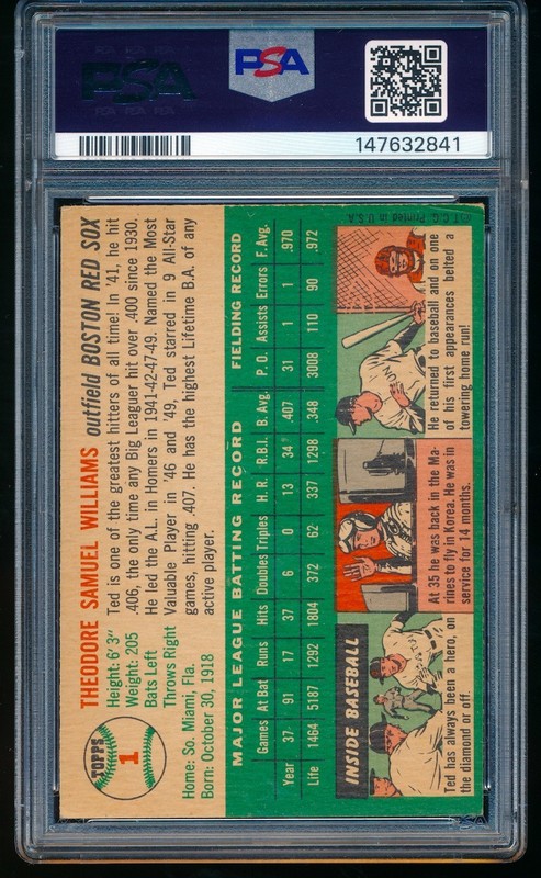 1954 Topps Ted Williams #1 PSA 3 ++ Well Centered, beautiful appeal, no creases view 2