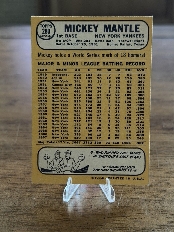 1968 Topps Mickey Mantle #280 view 2