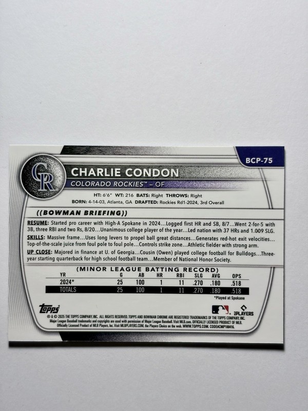 2025 Bowman Chrome Charlie Condon 1st #BCP-75 Blue Geometric Refractor /150 view 2