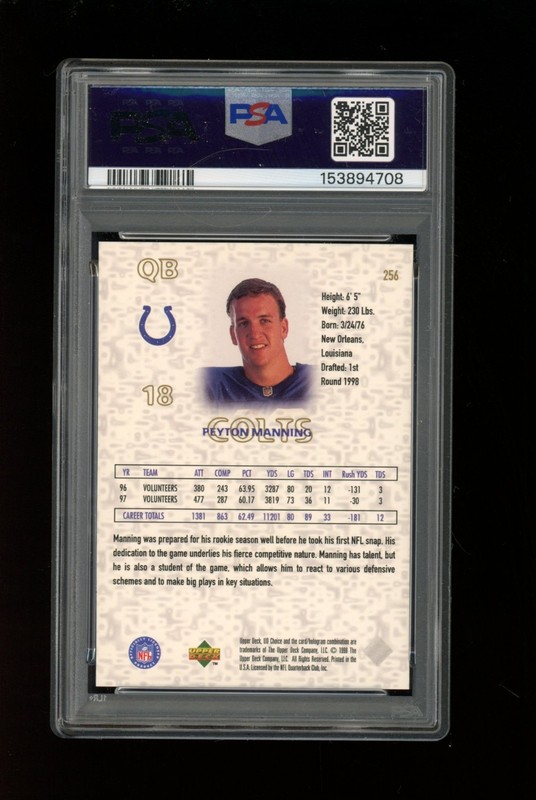 1998 Upper Deck UD Choice #256 Peyton Manning Rookie RC PSA 9 view 2