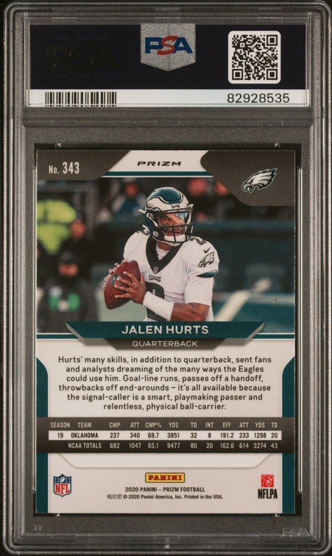 2020 Panini Prizm Jalen Hurts #343 Red White & Blue Prizm (RC) Rookie PSA 9 view 2