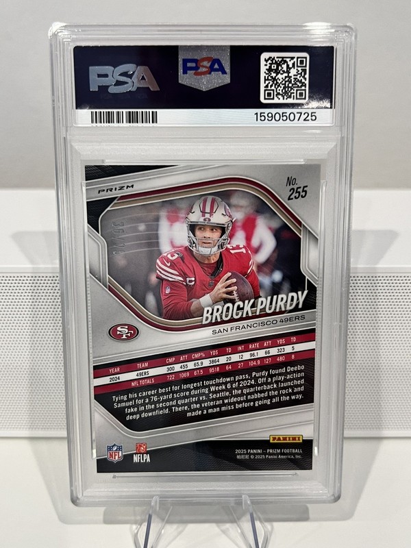 2025 Panini Prizm Brock Purdy #255 PSA 10 GEM MINT /75 Green Scope 49ers view 2