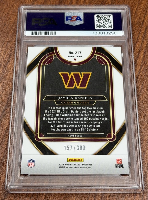 2024 Panini Select Jayden Daniels Club RC Purple Prizm Shock Rookie #/360 PSA 9 view 2