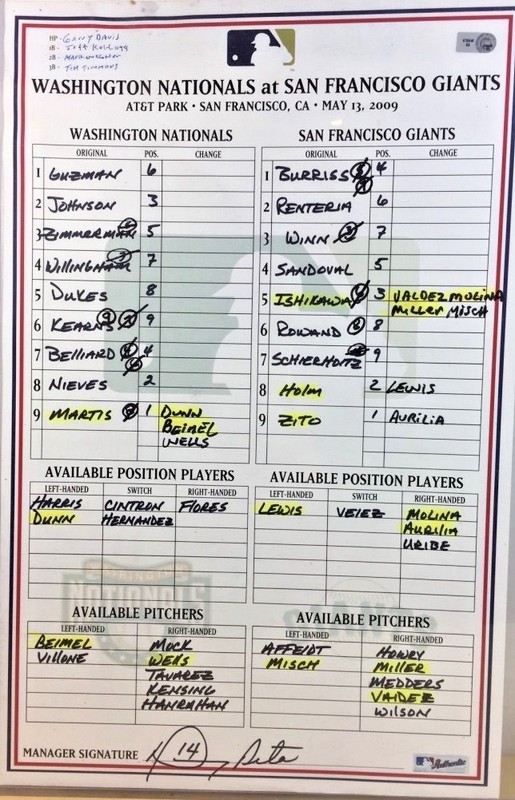 BARRY ZITO GAME-USED BASEBALL LINEUP CARD 5/13/2009 GIANTS v NATIONALS ACTA AUTO