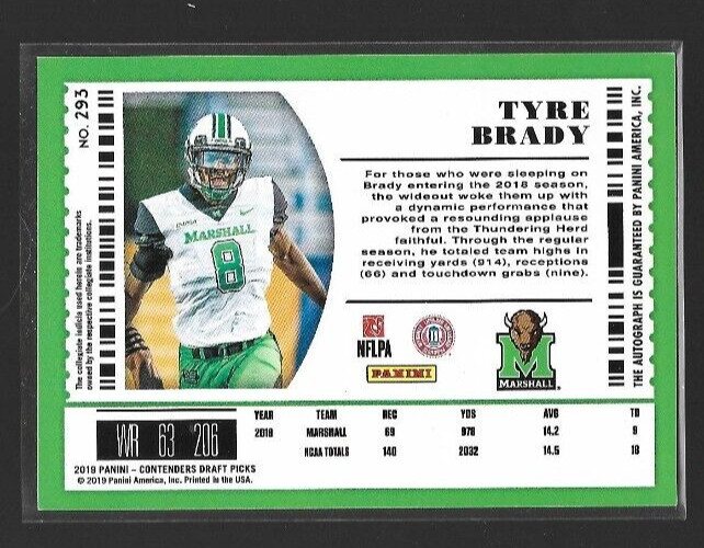 2019 Contenders Draft Tyre Brady Auto Rookie #293 Marshall Thundering Herd WR view 2