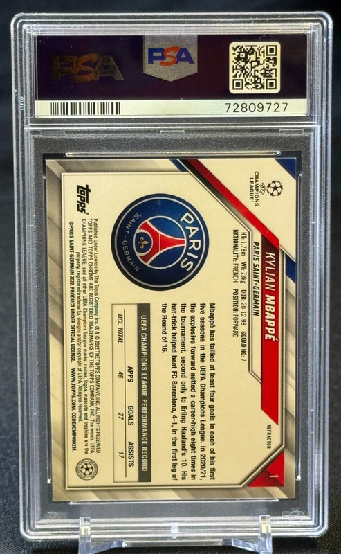 Kylian Mbappe 2021-22 Topps Chrome UCL Refractor PSA 9 MINT Paris Saint-Germain view 2