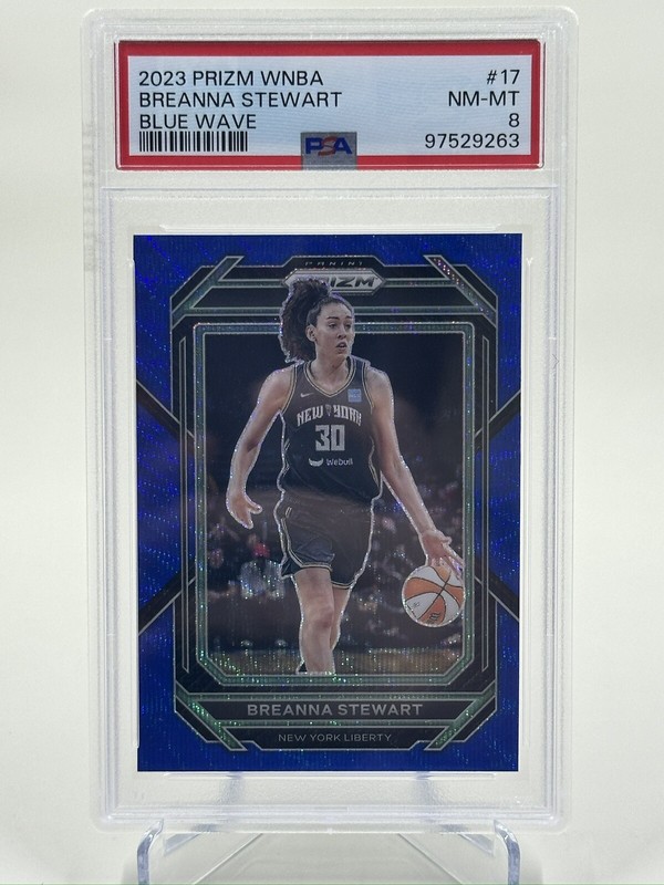 2023 Breanna Stewart WNBA Panini Prizm Basketball Blue Wave Prizm Liberty PSA 8