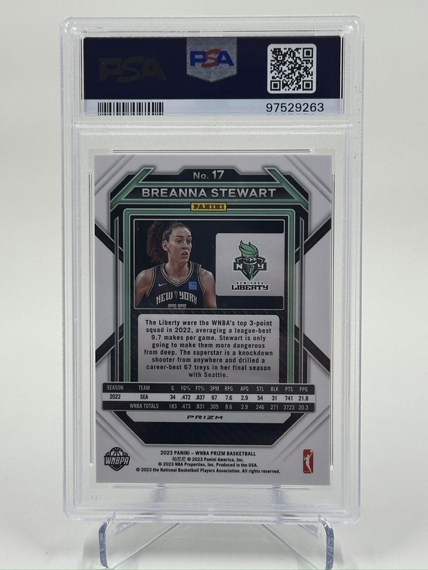2023 Breanna Stewart WNBA Panini Prizm Basketball Blue Wave Prizm Liberty PSA 8 view 2