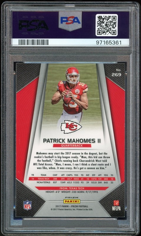 2017 Panini Prizm Red,White,Blue Patrick Mahomes RC Rookie Red Ink PSA 9/10 Auto view 2