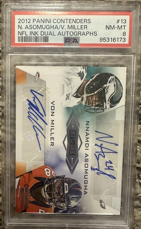 2012 Contenders Football Nnamdi Asomugha/Von Miller Dual Auto #24/25 PSA 8 view 2