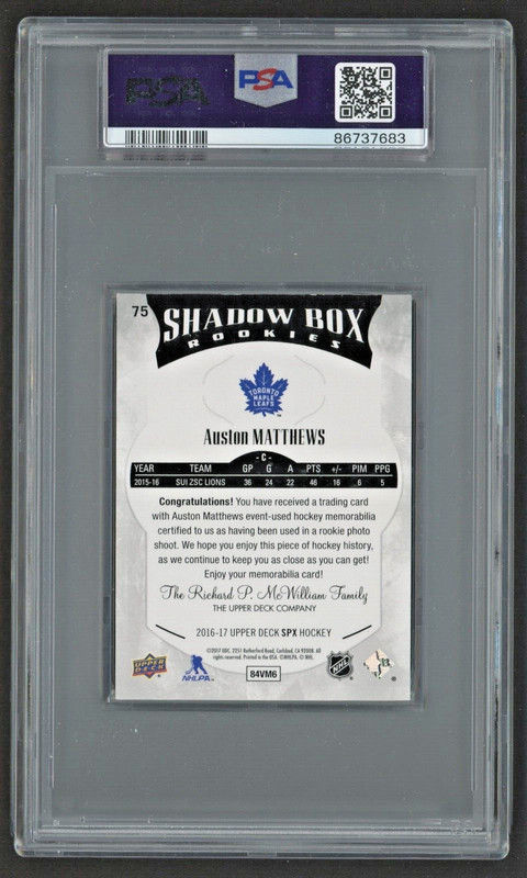 2016 SPX #75 AUSTON MATTHEWS Material SHADOW BOX ROOKIE #18/149 PSA 8 NM-MT view 2