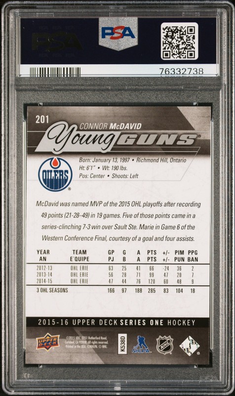 2015 Upper Deck #201 Connor Mcdavid Young Guns PSA 10 view 2