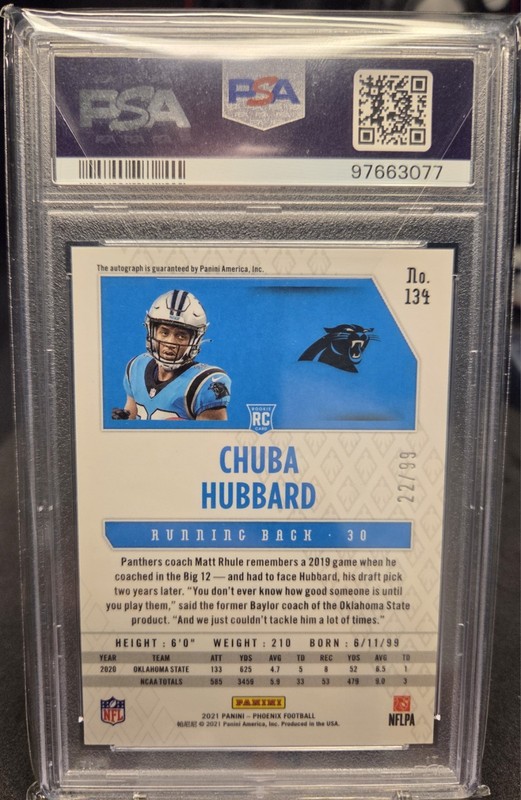 2021 Phoenix Football Chuba Hubbard Lazer Rookie Auto /99 Pathers PSA 9 view 2