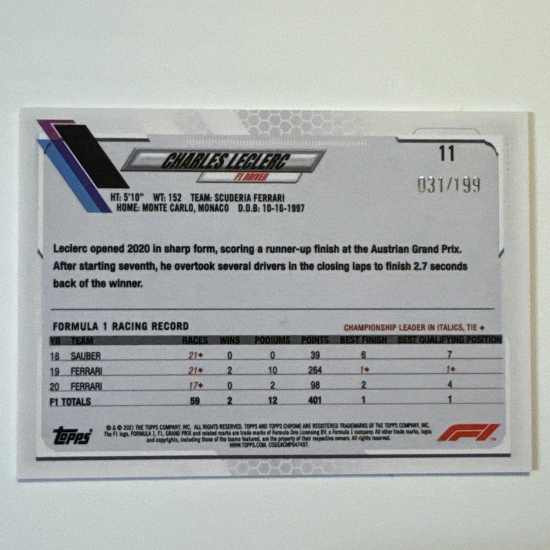 Charles LeClerc 2021 Topps Chrome F1 Purple Checker Flag /199 #11 PSA 10 Ferrari view 2