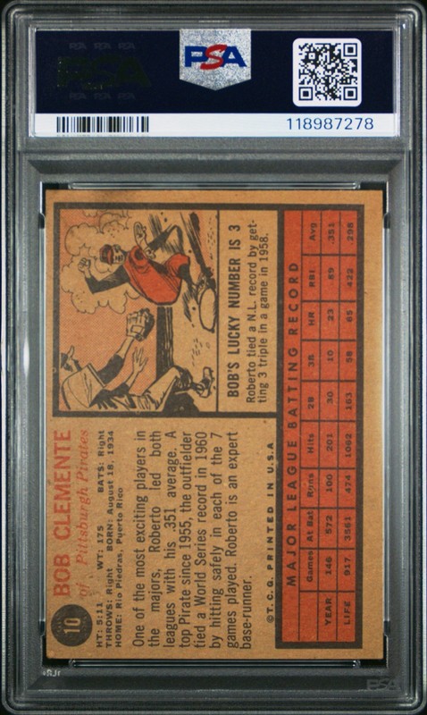 1962 Topps Baseball #10 Roberto Bob Clemente Pittsburgh Pirates HOF PSA 4 VG-EX view 2